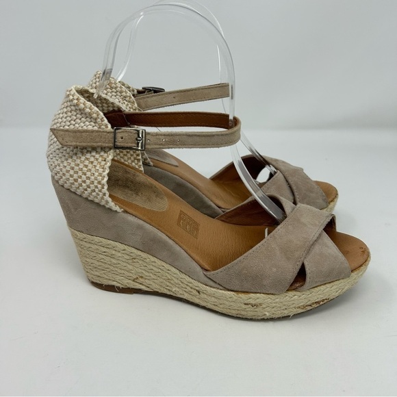 Pinaz Made in Spain Beige Gray Leather Espadrille Wedges Size 39 - Picture 6 of 13